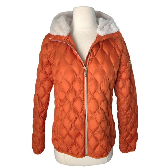 NWOT Michael Kors Fur Hooded Orange Packable Down Quilted Puffer Jacket - Picture 2 of 9